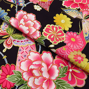 義若オリジナルの鯉口シャツ　ダボシャツ　激安セール 金彩熨斗に牡丹と桜（黒）